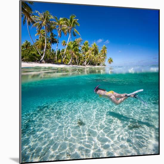Woman Swimming Underwater in Clear Tropical Waters in Front of Exotic Island-BlueOrange Studio-Mounted Photographic Print