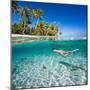 Woman Swimming Underwater in Clear Tropical Waters in Front of Exotic Island-BlueOrange Studio-Mounted Photographic Print