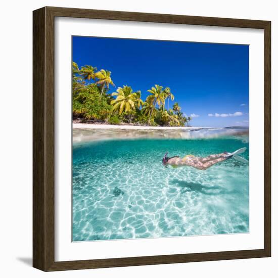 Woman Swimming Underwater in Clear Tropical Waters in Front of Exotic Island-BlueOrange Studio-Framed Photographic Print