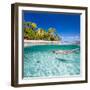 Woman Swimming Underwater in Clear Tropical Waters in Front of Exotic Island-BlueOrange Studio-Framed Photographic Print