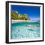 Woman Swimming Underwater in Clear Tropical Waters in Front of Exotic Island-BlueOrange Studio-Framed Photographic Print