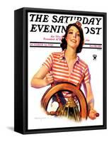 "Woman Takes the Wheel," Saturday Evening Post Cover, October 14, 1933-Robert C. Kauffmann-Framed Stretched Canvas