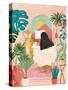 Woman Taking Bath in Pink Tropical Bathroom-Caroline Bonne Müller-Stretched Canvas