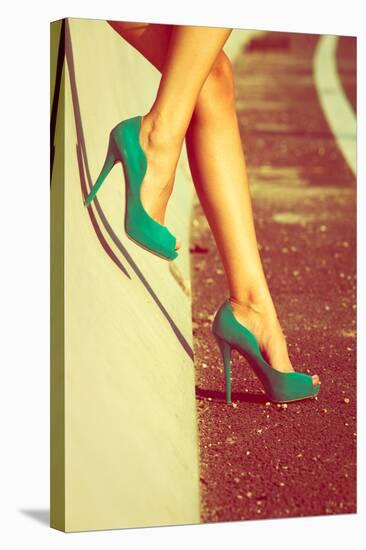 Woman Tan Legs In High Heel Green Shoes Outdoor Shot Summer Day-coka-Stretched Canvas