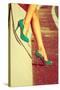 Woman Tan Legs In High Heel Green Shoes Outdoor Shot Summer Day-coka-Stretched Canvas