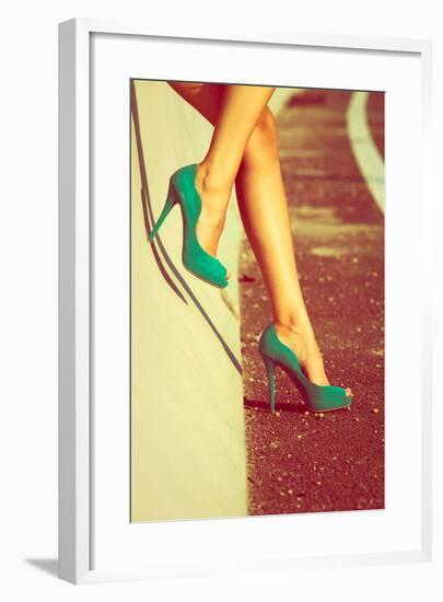 Woman Tan Legs In High Heel Green Shoes Outdoor Shot Summer Day-coka-Framed Art Print