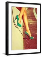 Woman Tan Legs In High Heel Green Shoes Outdoor Shot Summer Day-coka-Framed Art Print