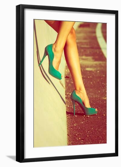 Woman Tan Legs In High Heel Green Shoes Outdoor Shot Summer Day-coka-Framed Art Print