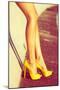 Woman Tan Legs In High Heel Yellow Shoes Outdoor Shot Summer Day-coka-Mounted Art Print