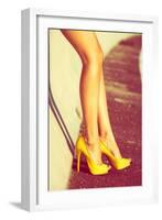 Woman Tan Legs In High Heel Yellow Shoes Outdoor Shot Summer Day-coka-Framed Art Print