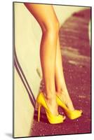 Woman Tan Legs In High Heel Yellow Shoes Outdoor Shot Summer Day-coka-Mounted Art Print