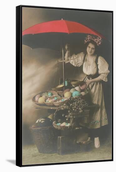 Woman under Umbrella Selling Eggs-null-Framed Stretched Canvas