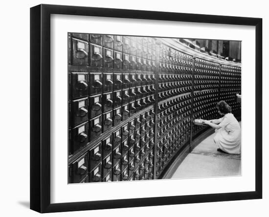 Woman Using the Card Catalog at the Main Reading Room of the Library of Congress, 1940-null-Framed Art Print