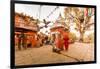 Woman walking and praying with pigeons at the hilltop temple, Bhaktapur, Kathmandu Valley, Nepal, A-Laura Grier-Framed Premium Photographic Print