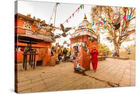 Woman walking and praying with pigeons at the hilltop temple, Bhaktapur, Kathmandu Valley, Nepal, A-Laura Grier-Stretched Canvas