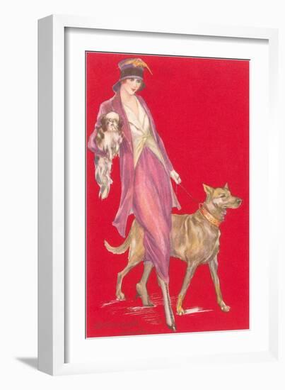 Woman Walking Dogs-null-Framed Art Print