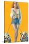 Woman Walking English Bulldogs-null-Stretched Canvas