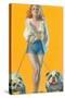 Woman Walking English Bulldogs-null-Stretched Canvas