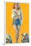 Woman Walking English Bulldogs-null-Framed Art Print