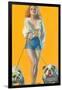 Woman Walking English Bulldogs-null-Framed Art Print