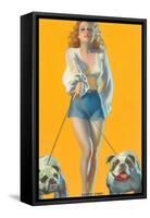 Woman Walking English Bulldogs-null-Framed Stretched Canvas