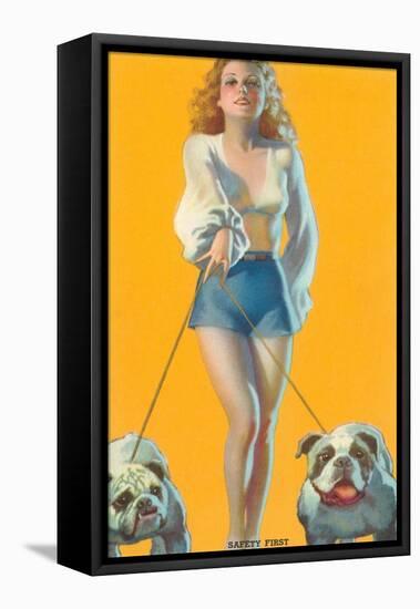 Woman Walking English Bulldogs-null-Framed Stretched Canvas