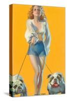 Woman Walking English Bulldogs-null-Stretched Canvas