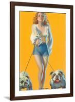 Woman Walking English Bulldogs-null-Framed Art Print