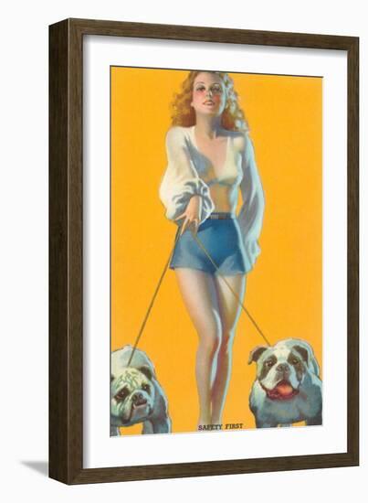 Woman Walking English Bulldogs-null-Framed Art Print