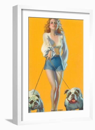 Woman Walking English Bulldogs-null-Framed Art Print