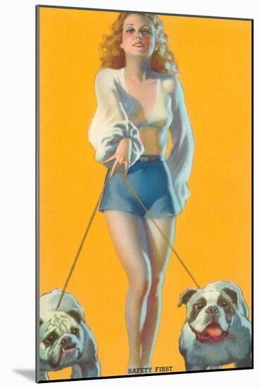 Woman Walking English Bulldogs-null-Mounted Art Print