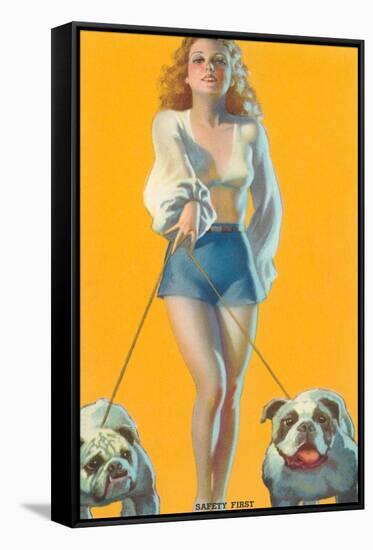 Woman Walking English Bulldogs-null-Framed Stretched Canvas