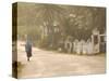 Woman Walking in Sea Mist, Bathsheba, Barbados-Walter Bibikow-Stretched Canvas