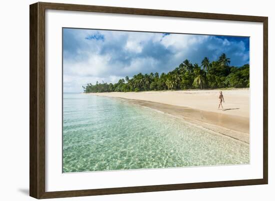 Woman Walking on a Palm Fringed White Sand Beach in Ha'Apai Islands, Tonga, South Pacific-Michael Runkel-Framed Photographic Print