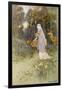 Woman Walking Through the Woods with a Timid Dun Deer-Warwick Goble-Framed Art Print