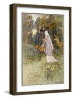 Woman Walking Through the Woods with a Timid Dun Deer-Warwick Goble-Framed Art Print