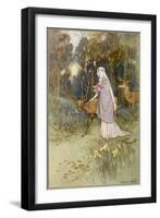 Woman Walking Through the Woods with a Timid Dun Deer-Warwick Goble-Framed Art Print