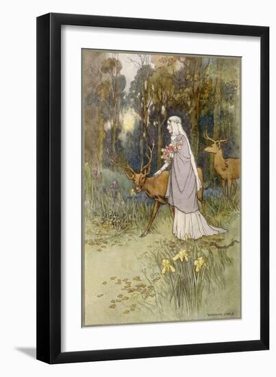 Woman Walking Through the Woods with a Timid Dun Deer-Warwick Goble-Framed Art Print