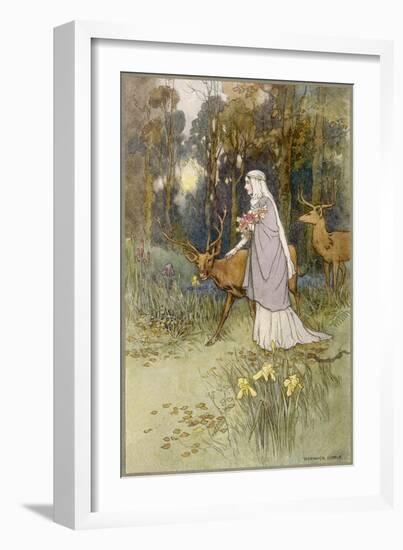 Woman Walking Through the Woods with a Timid Dun Deer-Warwick Goble-Framed Art Print
