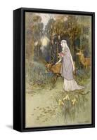 Woman Walking Through the Woods with a Timid Dun Deer-Warwick Goble-Framed Stretched Canvas