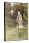 Woman Walking Through the Woods with a Timid Dun Deer-Warwick Goble-Stretched Canvas