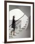 Woman walking up staircase holding handrail-John Edward Linden-Framed Photo