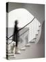 Woman walking up staircase holding handrail-John Edward Linden-Stretched Canvas