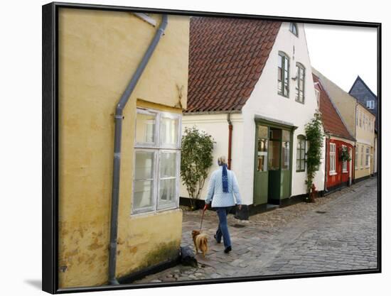 Woman Walking with a Dog in Ribe Historic Center, Ribe, Jutland, Denmark, Scandinavia, Europe-Yadid Levy-Framed Photographic Print