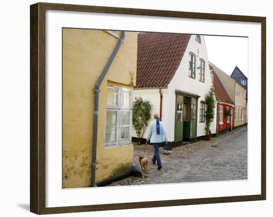 Woman Walking with a Dog in Ribe Historic Center, Ribe, Jutland, Denmark, Scandinavia, Europe-Yadid Levy-Framed Photographic Print