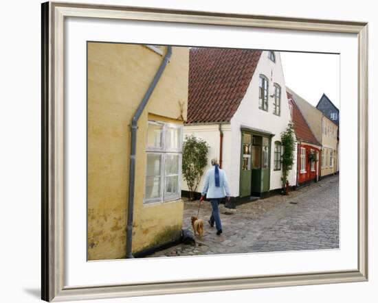 Woman Walking with a Dog in Ribe Historic Center, Ribe, Jutland, Denmark, Scandinavia, Europe-Yadid Levy-Framed Photographic Print