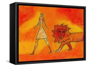 Woman Walking with a Lion-Marie Bertrand-Framed Stretched Canvas