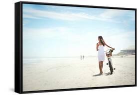 Woman Walking with Bicycle along Beach Sand Summer Lifestyle Carefree-warrengoldswain-Framed Stretched Canvas