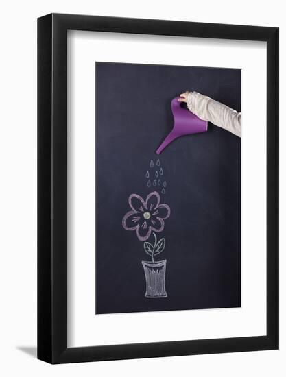 Woman Watering a Plant Draw in a Chalkboard-hjalmeida-Framed Photographic Print
