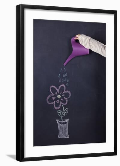 Woman Watering a Plant Draw in a Chalkboard-hjalmeida-Framed Photographic Print